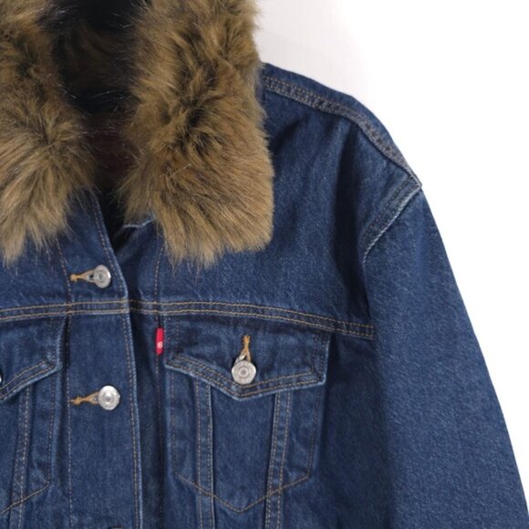 LEVI’S Ex-boyfriend‎ Trucker Denim Jacket Faux Fur Collar Quilted Lining SMALL - Picture 8 of 16